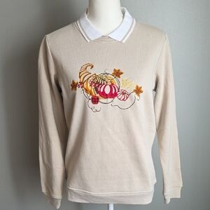 Beige Embroidered Sweatshirt with Collar S